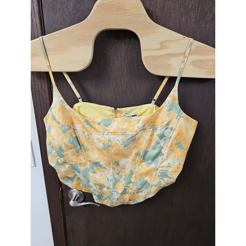 Fashion Nova Bring Me Flowers Corset Top Yellow Floral 22GWF8177 festival 2X NEW